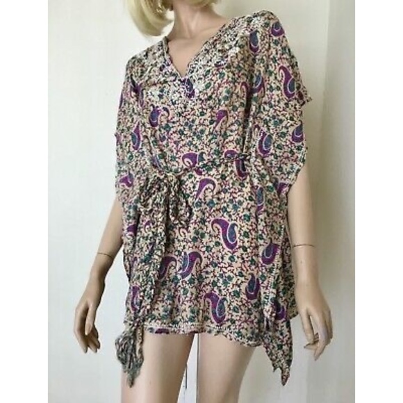 Sundance Silk Caftan Tunic Top Purple Paisley Hearts & Flowers Embroidery M/L - Picture 5 of 12